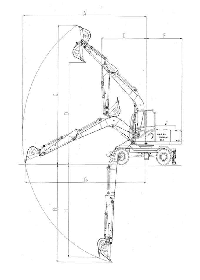 ga黄金甲体育DLS880-9A 7.2吨轮式液压挖掘机工作范围